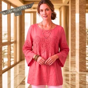 VALERIE STEVENS Women's Pink Crochet Paisley Lace Boho Bell Sleeve Top XL